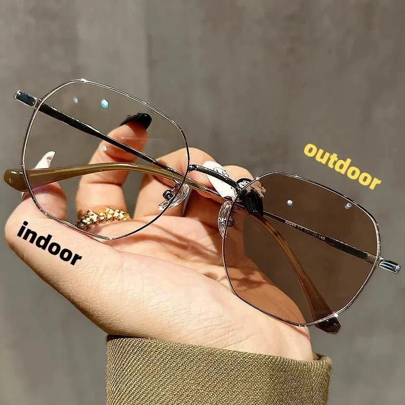 Gold Wire Large Frame Outdoor Smart Sunglasses Photochromic Myopia Glasses Women Men Minus Sight Eyeglasses Degree 0 To -4.0