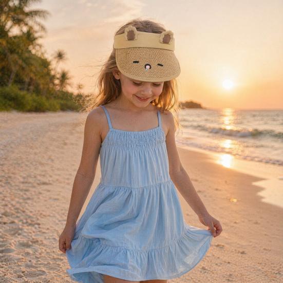 Children Sun Hat, Adjustable Elastic Headband Summer Hat, Breathable Hollow-Top Design Kids Hat, Foldable Bunny Ears Cartoon Print Outdoor Hat