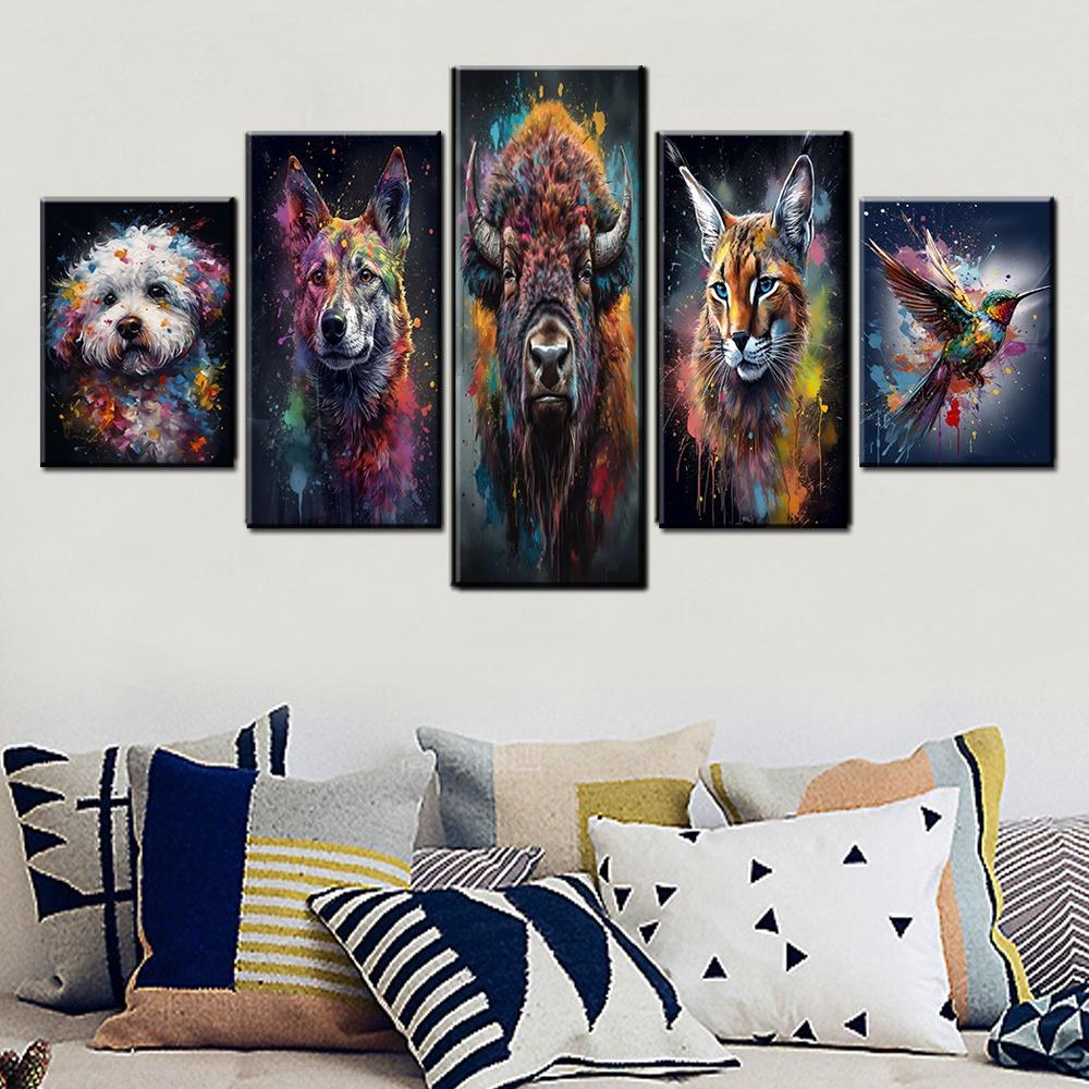 

Mix Five Pieces Canvas Wall Arts Animal Posters Painting Bison Caracal Colibri Dingo Dog Bichon Frise Modular Picture Home Decor 20x35 20x45 20x55cm