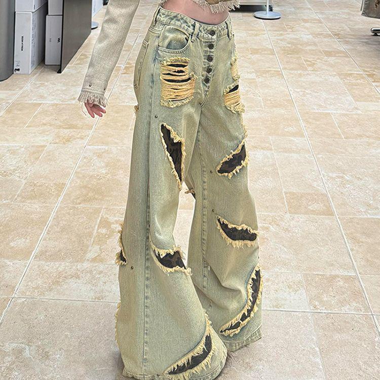 

Women s Plus Size Ripped Leopard Print Flare Jeans, Vintage Washed Patchwork, 2026 Spring Spicy Girl Collection 2XL [135-150 kg]