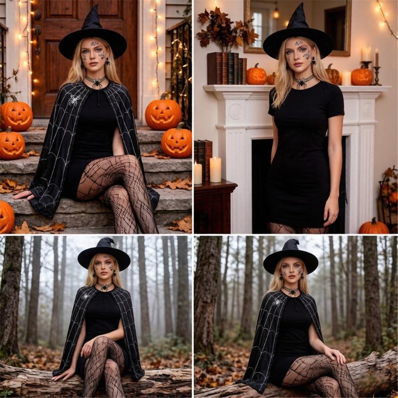 Spiders Costume Adult Cape Tights Necklace Chocker Earings Mask and Witch Hat Halloween Costume Outfit for Women