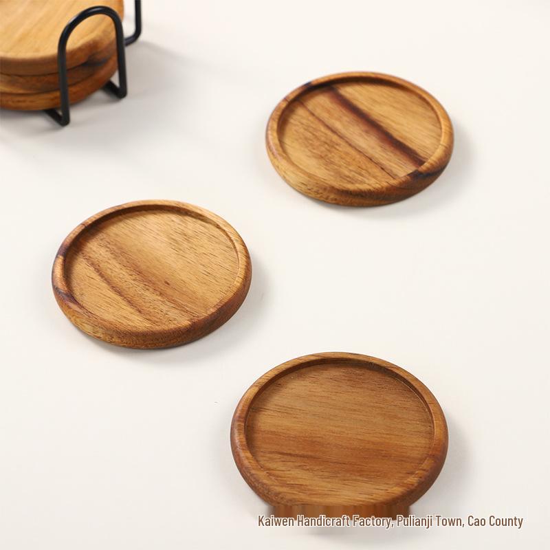 Round Solid Wood Grooved Coaster Set with Wrought Iron Rack - Non-Slip, Heat-Resistant Coasters for Home