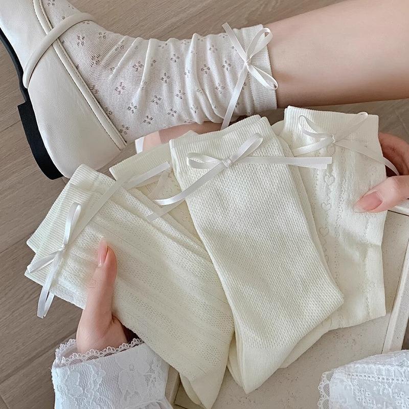 Bow Mid-calf Socks for Women, White Bubble Mouth Lace Socks for Summer, Thin Black Ear-trimmed Mary Jane Pile Socks for Women