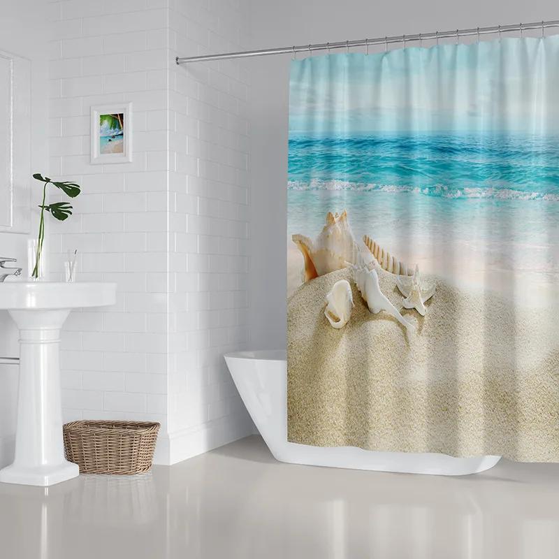 2022 New Shower Curtain Starfish Beach Pattern Bathroom Partition Waterproof  Coconut Sea View Polyester