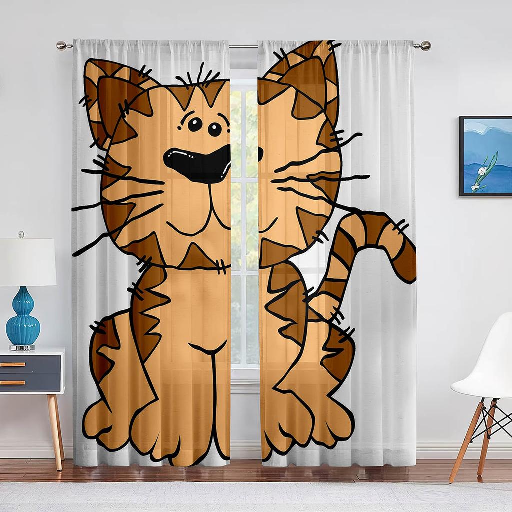 Cartoon Cat Reading Book Pink Sheer Voile Curtain Kawai Animal Window Tulle Curtains for Living Room Kids Bedroom Kitchen Decor
