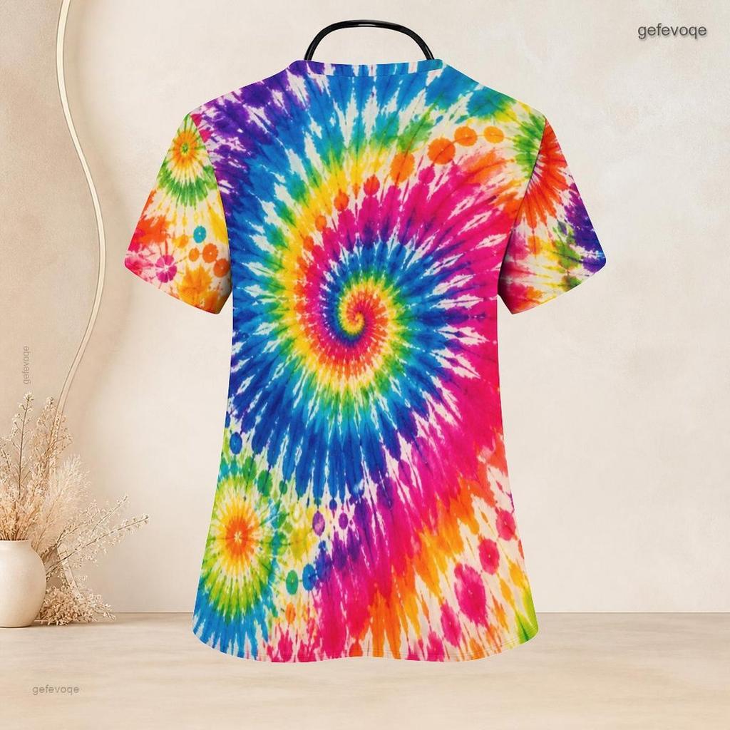 Women Plus Size Tie Dye Printed V Neck Short Sleeve Scrub Top With Front Pockets
