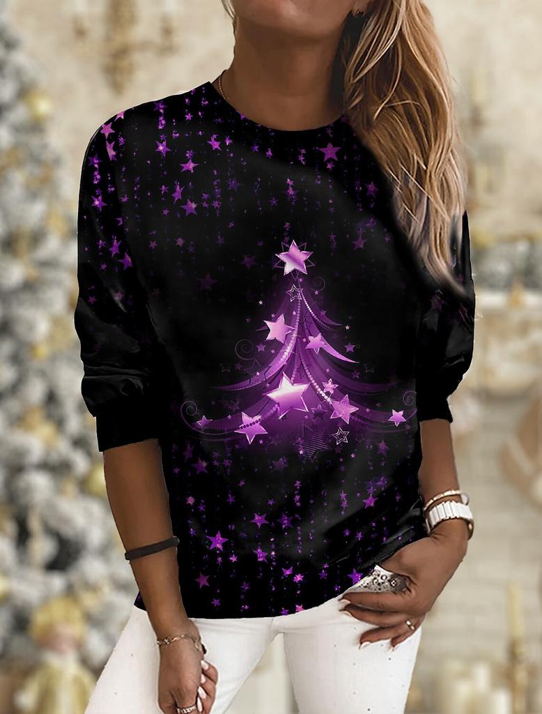 2023 Fashion Women's Pullover Christmas Blue Star Graphic Casual Sports O-Neck Long Sleeve Tops Micro-Elastic Fall & Winter