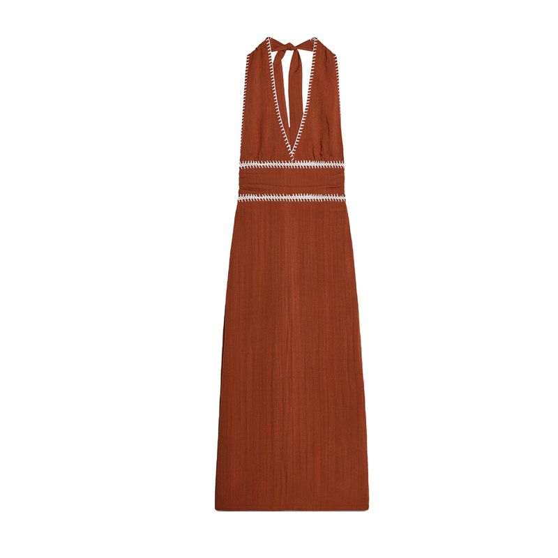 Summer Women's Clothing Ruched Decoration Contrast Color Embroider Fashion Elegant Sleeveless Midi Skirt Dress 8741048