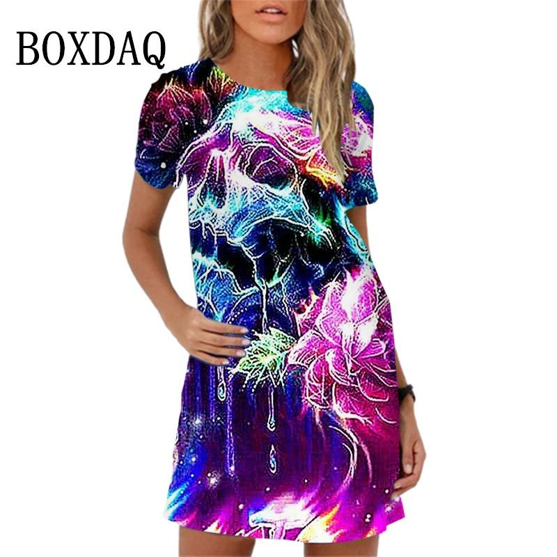 New Summer Sundress Sweet Elegant Purple Butterfly Print Mini Dress For Women Short Sleeve Loose Casual Mini Dress Oversize