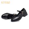 Women's Shoes Genuine Leather Mid-heel Mary Jane Shoes Women Shiny Fashion Large Size Ladies Office Shoes