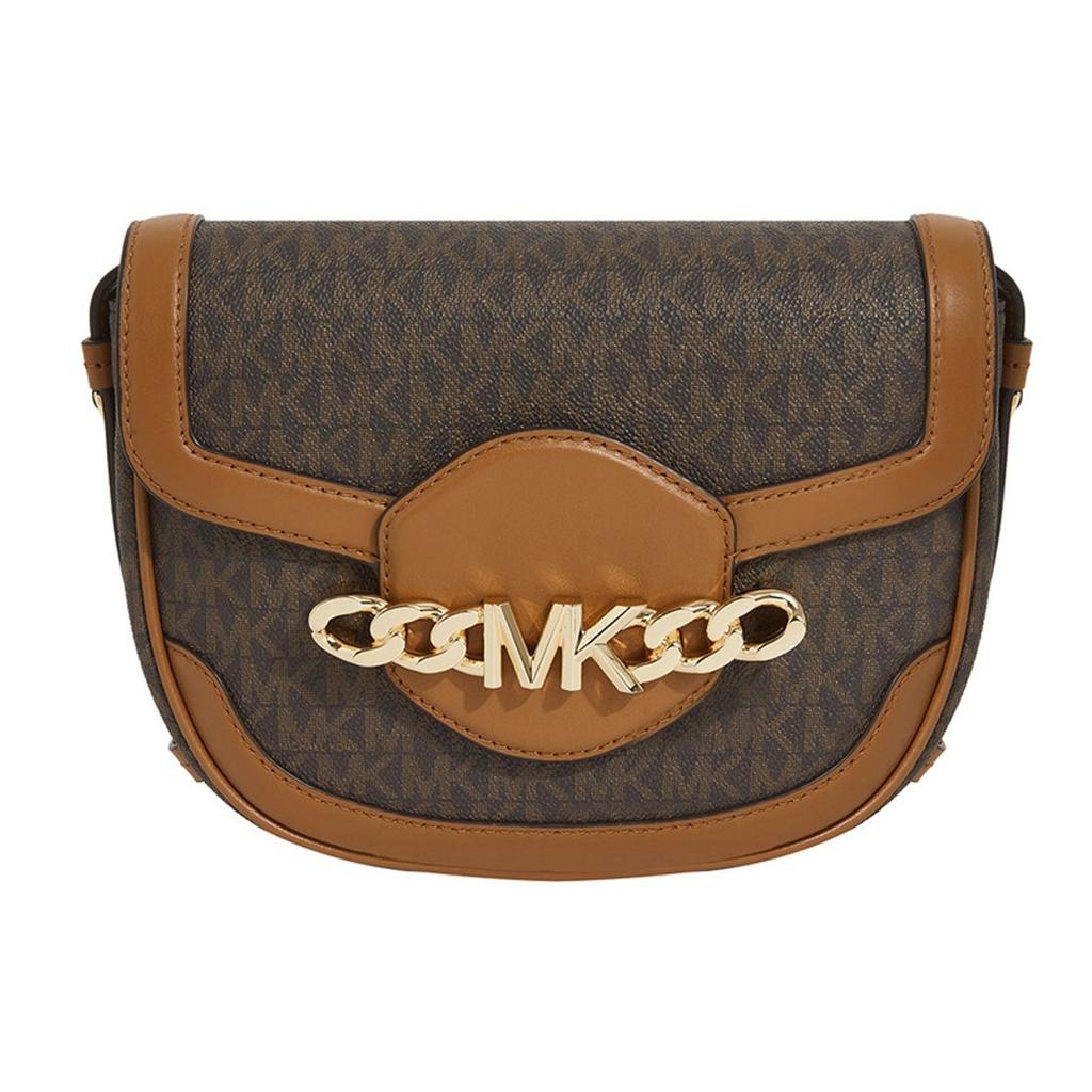 Michael Kors Hally Classic Monogram Print Color Block PVC Saddle Bag Women Shoulder Bag Dark-Brown Acorn-Brown 30H1G2HM6B-BRN-ACORN
