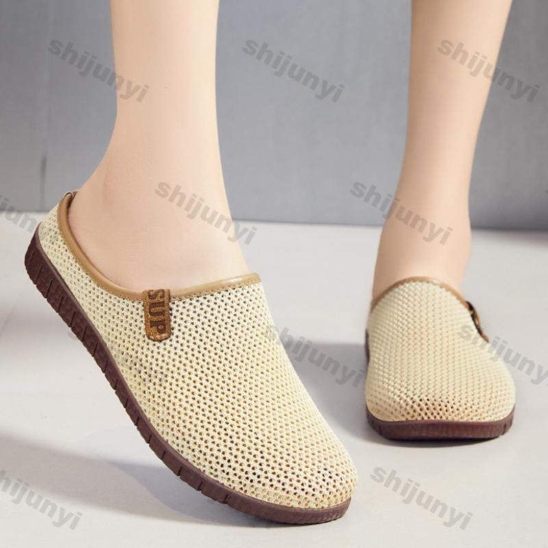 Fashion Women Half Slippers Outdoor Summer Breathable Comfortable Flat Casual Shoes Fly Weave Hollow Lightweight Fashion Slip on Sandals