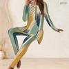 Women Plus Size Round Neck Long Sleeve Navy Blue Printed Longline Top Fitted Pants Set