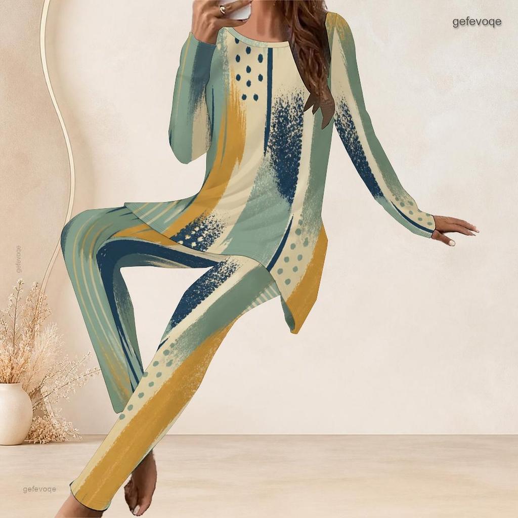 Women Plus Size Round Neck Long Sleeve Navy Blue Printed Longline Top Fitted Pants Set