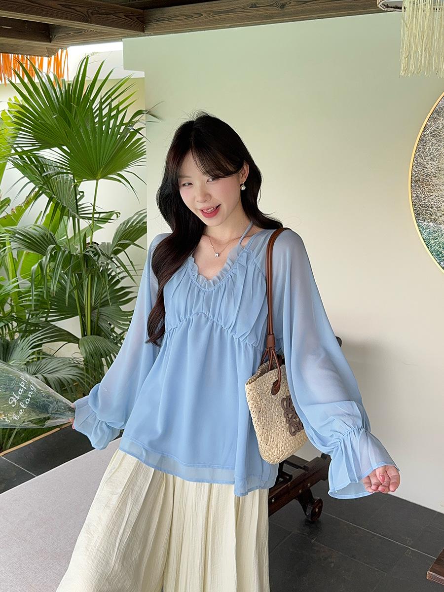 French Romantic V-neck Chiffon A-line Blouse with Ruffle and Petal Sleeves for Women XXL