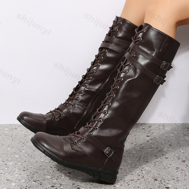 Fashion Women Knee Boots 2025 Autumn Fashion Retro Long Boots Platform Buckle Comfortable Non Slip Outdoor Leather Boots Botas Mujer
