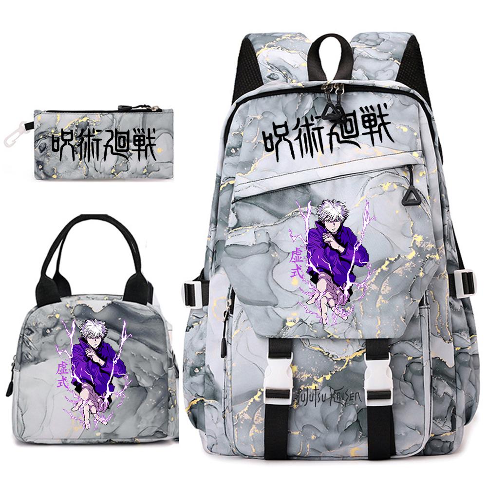 Anime Jujutsu Kaisen Backpack Set for Girls 3pcs School Bookbag Lunch Bag Pencil Case Casual Travel Rucksack