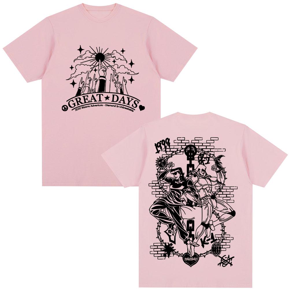 Anime Jojo Bizarre Adventure Higashikata Josuke Great Days T Shirts Unisex Casual Cotton Y2K Short Sleeves Oversized Top Streetwear