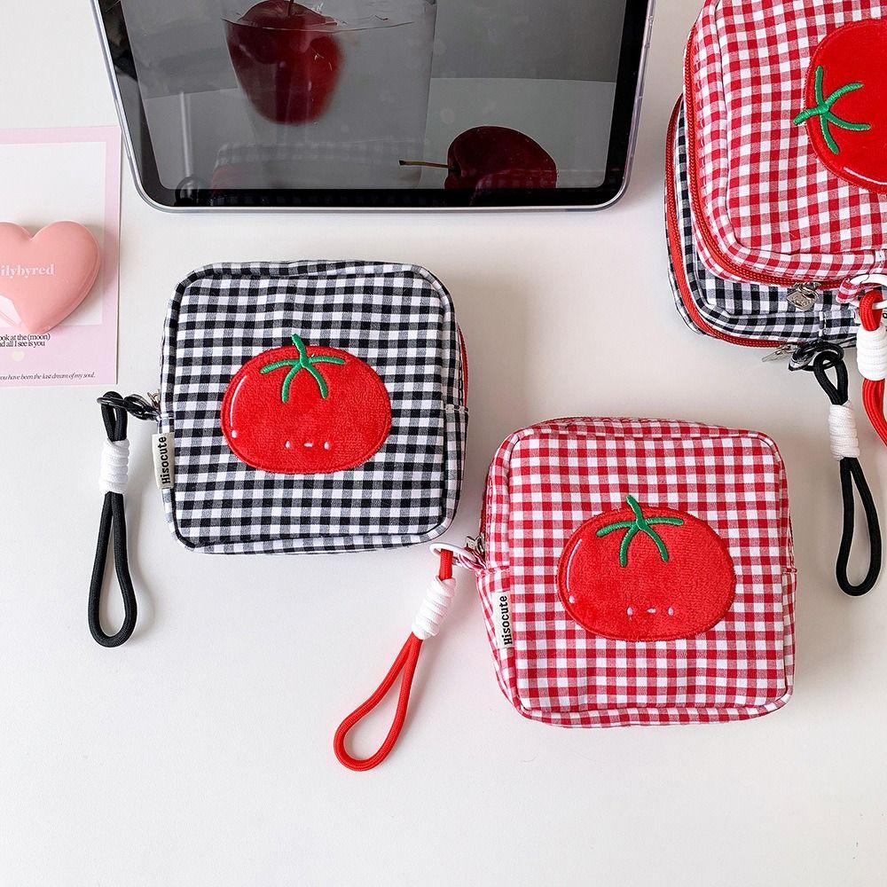 Tomato Plaid Small Makeup Bag Square Mini Organizer Bag  CCD Camera Sanitary Napkin Lipstick