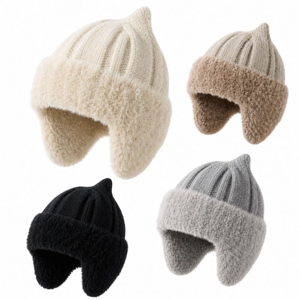 Ribbed Knit Knit Earflap Beanie Plush Lining Cat Ear Beanie New Plush Lined Hat For Children