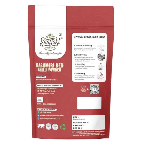Saatyaki Naturals Organic Kashmiri Red Chilli Powder - 100gm | Pure and Freshly Grounded Spice for Cooking, Marination and Seasoning
