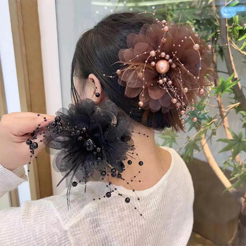 Elegant Mesh Flower Hair Clip For Women Elegant Pearl Tassel Shark Clip Girl Ponytail Clip Hair Accessories