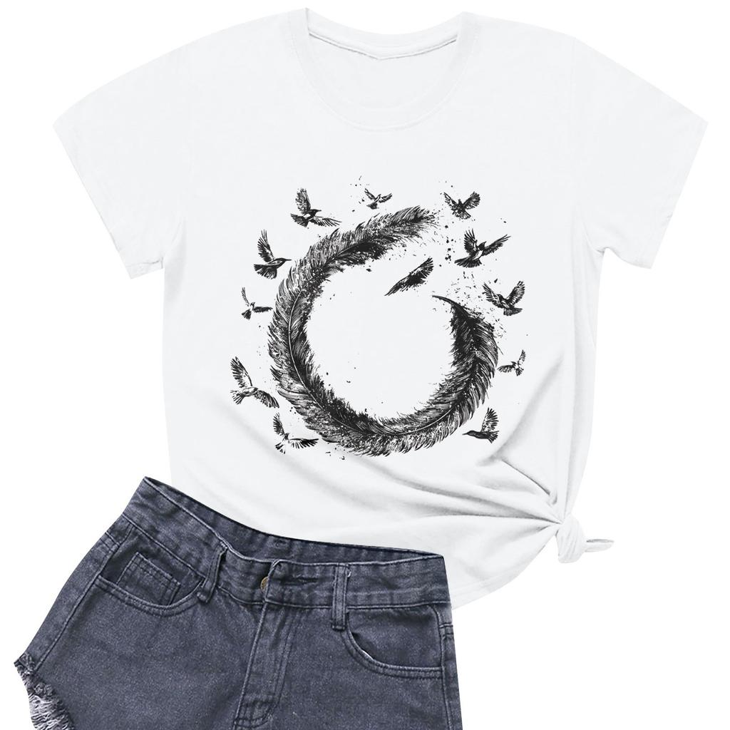 Women's Fashion Casual Printed Short Sleeve Round Neck Pullover Tops