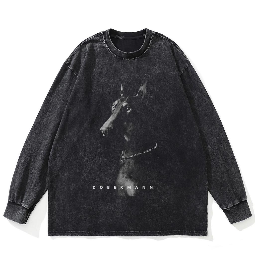 Tricou cu mâneci lungi, unisex, bumbac, negru spălat cu grafic Dobermann