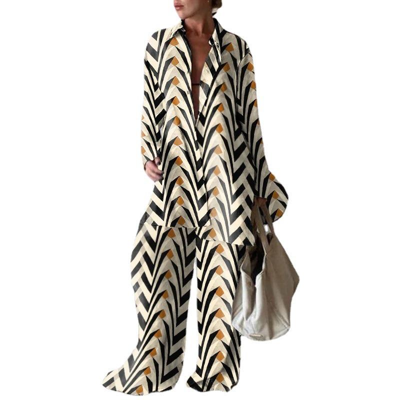 European & American Print Set: Loose Long Sleeve V-Neck Top with Straight Leg Pants - Casual Travel Vacation Jumpsuit