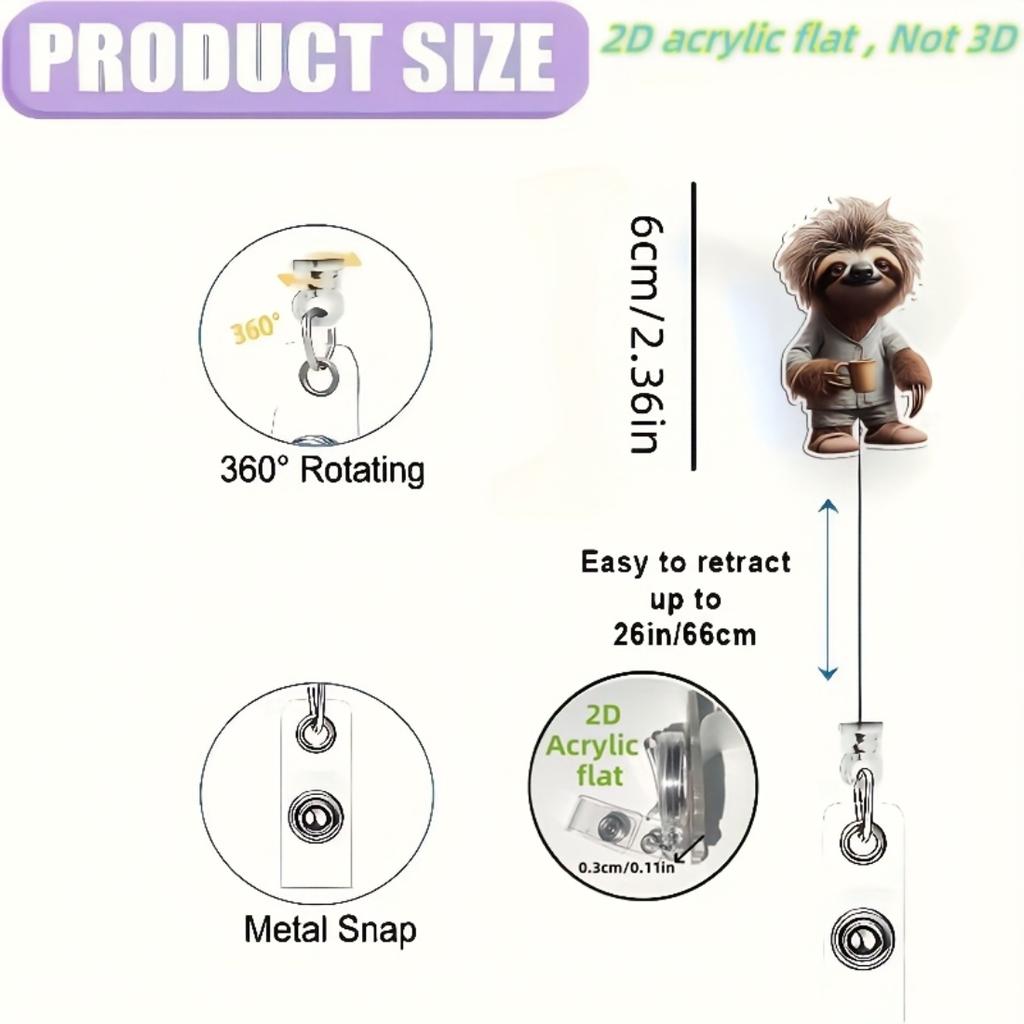 Tea Drinking Sloth 2D Acrylic Retractable ID Badge Reel, Solid PMMA Clip Holder Suitable For Registered Nurses Doctors And Medical Learners