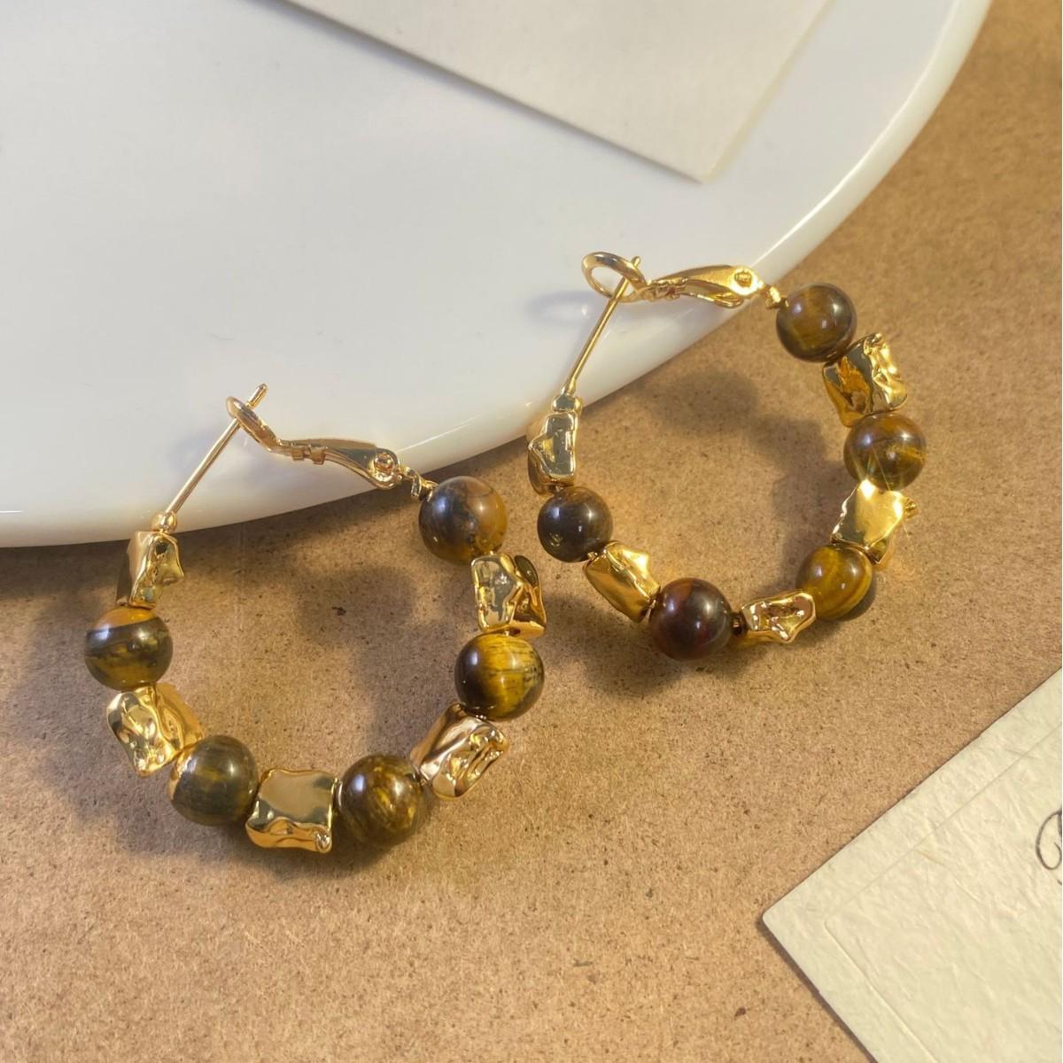 Tiger Eye Irregular Beaded Earrings - Women s Luxury Retro High-End Ear Jewelry