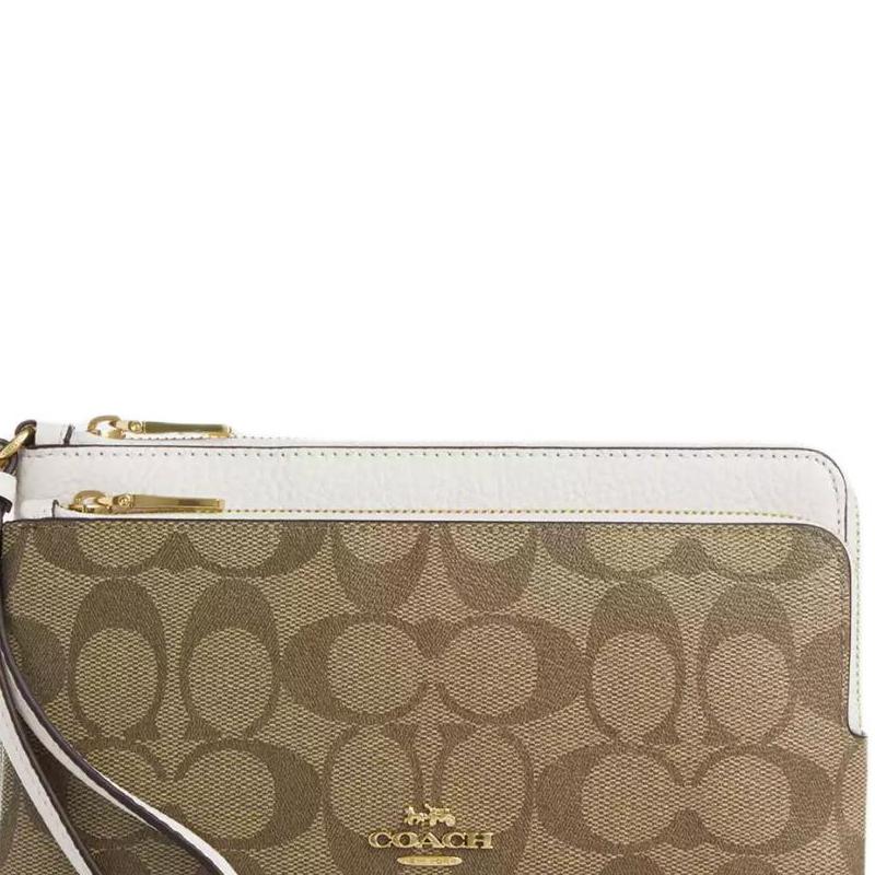 Coach Wallet Double Zip 20 Classic Presbyopia Metal Logo Signature Coated Canvas and Fine Pebbled Leather Clutch Regular Women's Gold with Khaki
