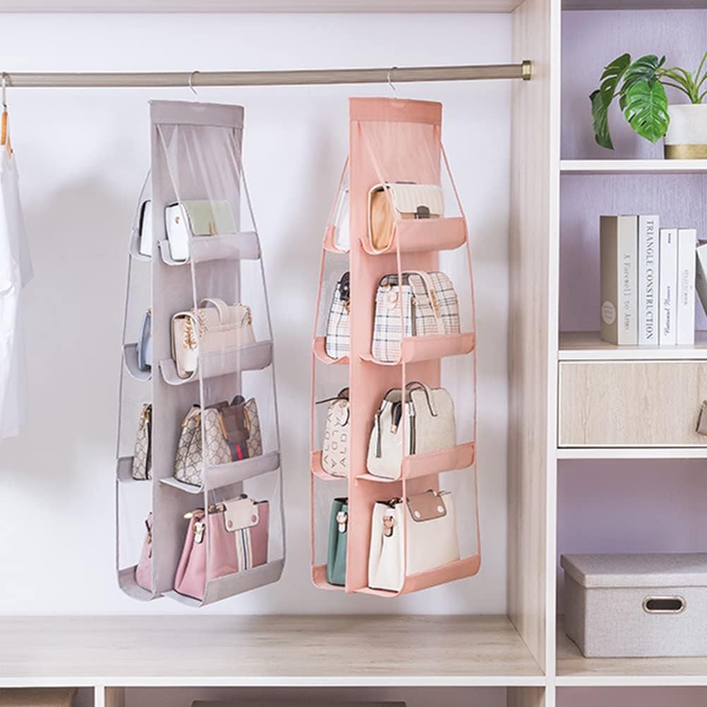 2pcs 8 Pockets Hanging Purse Handbag Organizer Clear Hanging Shelf Bag Collection Storage (Pink*2)