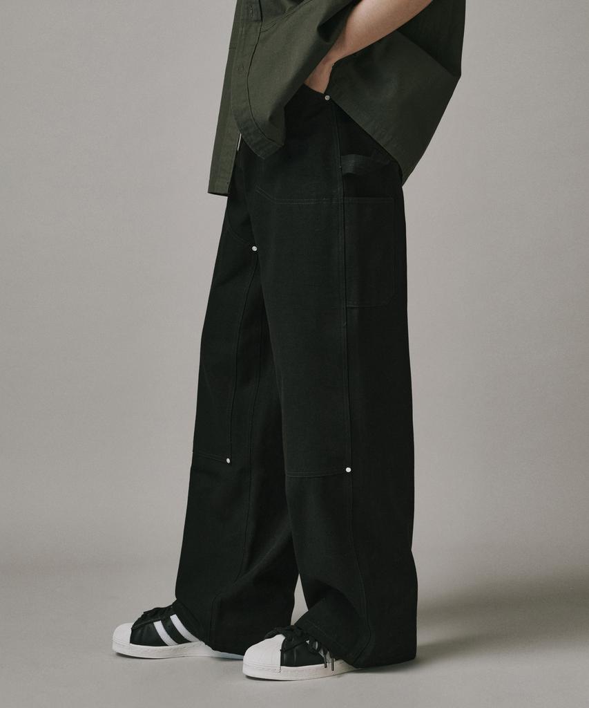 Beodeonteu Double Layer Carpenter Wide Cotton Pants [Black]