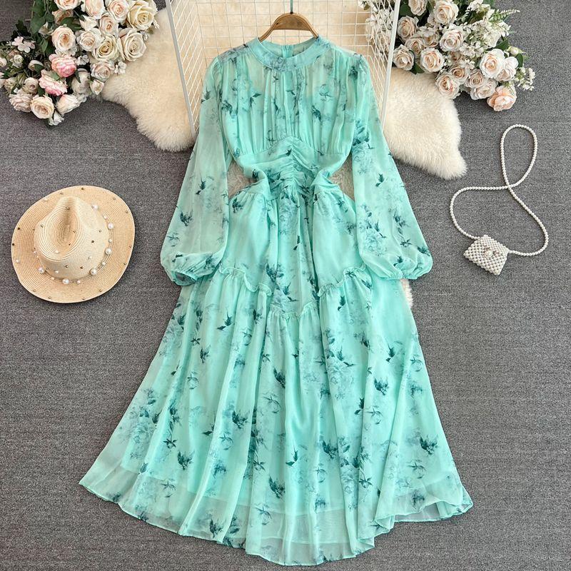 Accessible Luxury Lantern Long Sleeve Stand Collar Elegance Chiffon Dress