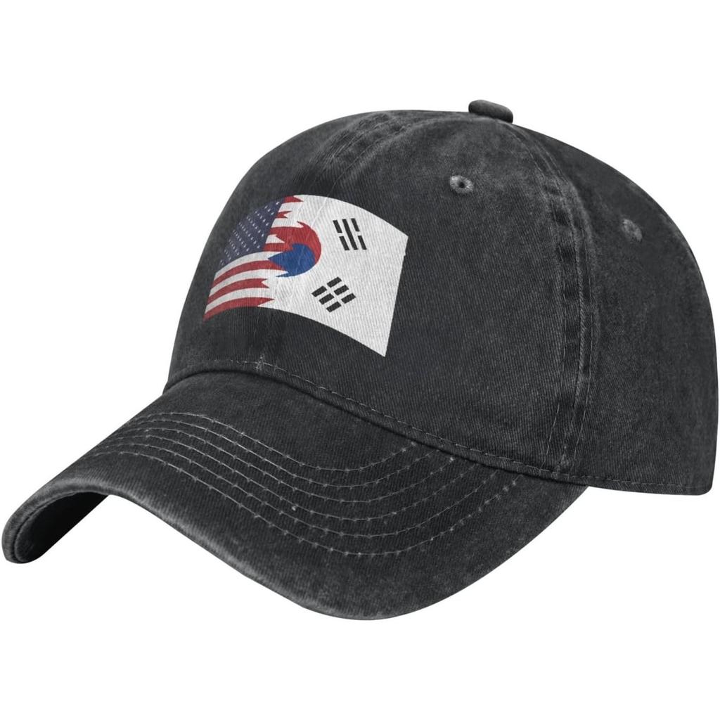 Korean American Flag Baseball Cap Washed Denim Distressed Adjustable Dad Hat for Unisex
