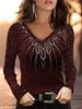 Plus Size Women's Long Sleeve V-neck Printed Slim Fit T-shirt Base Shirt