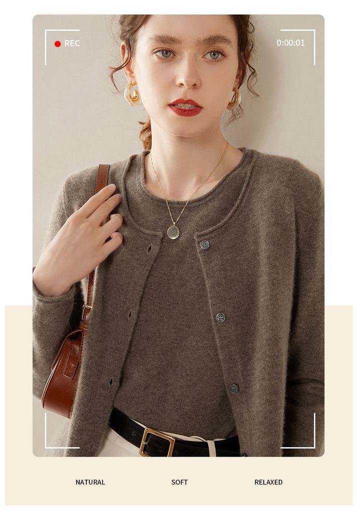 Women's Long-Sleeve Cashmere Cardigan - Round Neck, Cuffed, Single-Breasted, Loose Fit, Slimming Sweater for 2024 Autumn/Winter