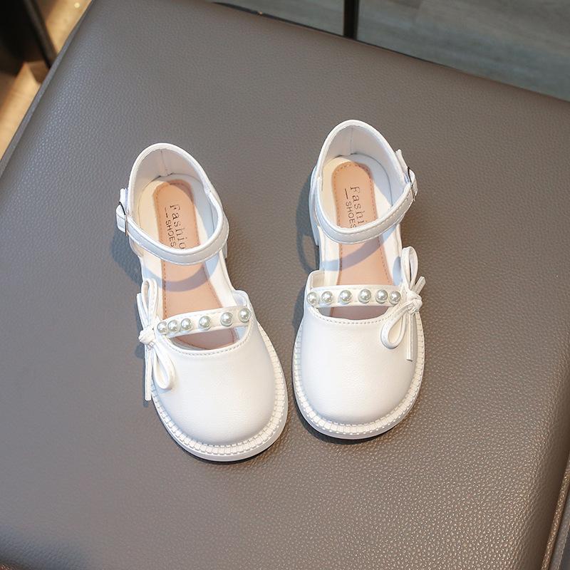 Girls Pearl Bow Decor Ankle Strap Mary Jane Shoes 28 белый