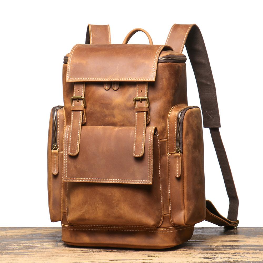 Mochila de Couro Crazy Horse Vintage Bolsa de Viagem de Couro para Exterior Grande Capacidade Mochila de Couro de Vaca para Homens