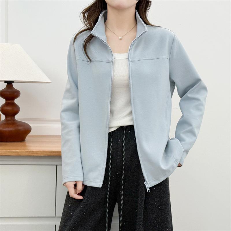 2026 Spring Plus Size Women's Long Sleeve Hoodie Cardigan with Double Zipper & Stand Collar - Style 7067