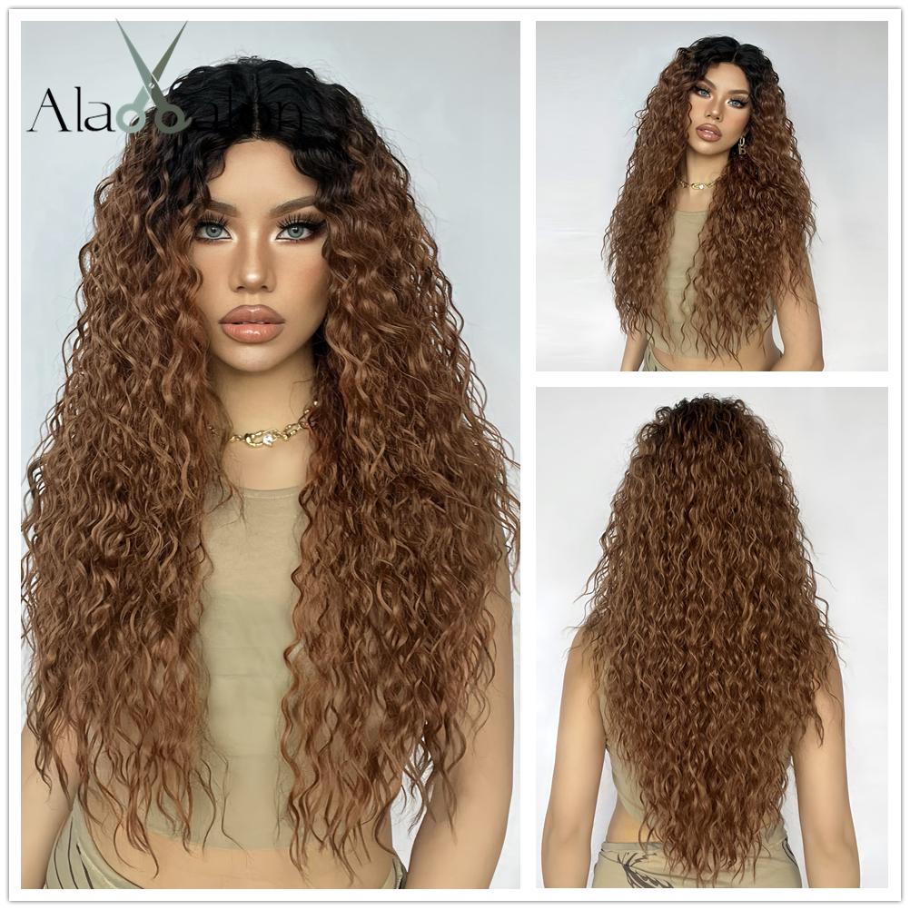 ALAN EATON Long13x4x1 Lace Synthetic Wigs Brown Highlight Golden Curly Wig for Black Women Natural High Density Daily Use