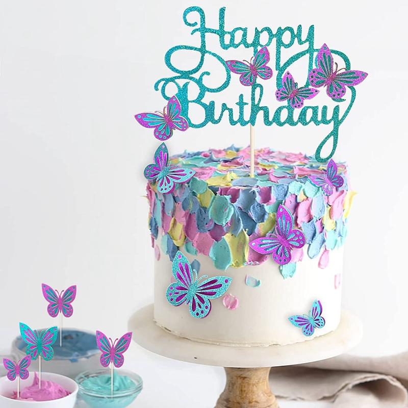 13Pcs Pink Butterfly Happy Birthday Cake Topper Kids Girl 1st Birthday Party Cake Decoration Dessert Cupcake Topper Supplies