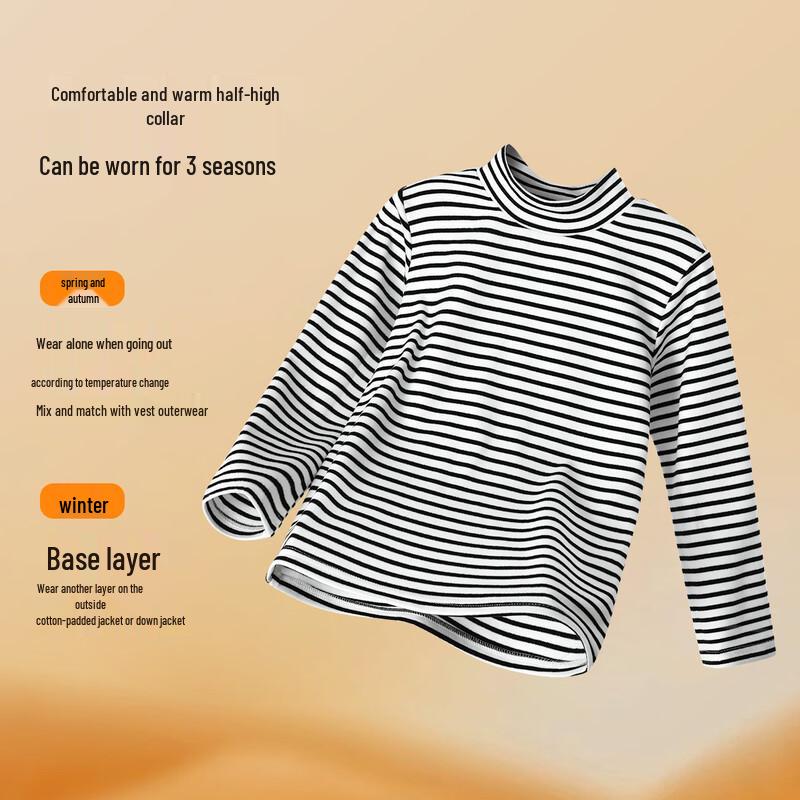 Yiershuang Girls' Striped Thermal Half-High Neck Long-Sleeve Top
