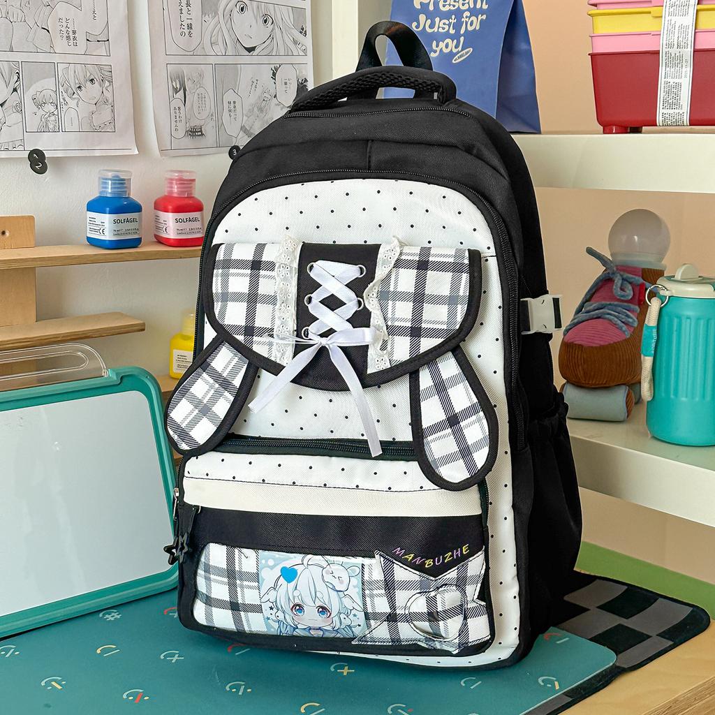 Mochila japonesa de dos dimensiones transparente bolsa para el dolor de alto valor estilo ins universitario a cuadros mochila para estudiante de secundaria con múltiples compartimentos