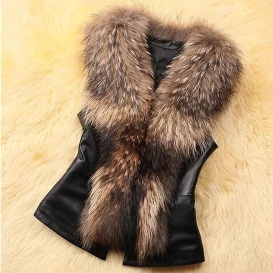 Damen Kunstlederweste Offen Vorne Ärmellos Moto Biker Jacke mit Kunstfellkragen Herbst Winter Dicke Oberbekleidung