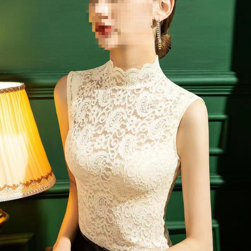 French Style High Neck Lace Shirt for Women, Spring and Summer Perspective Sexy Top, Winter Thick Sleeveless Vest Pullover