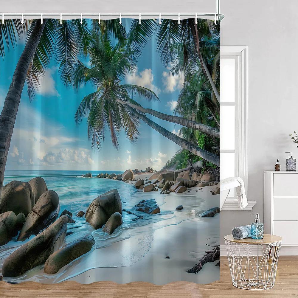 Seaside Landscape Shower Curtains Coconut Trees Tropical Leaves Sea Scenery Bathroom Decor Summer Hawaii Polyester Bath Curtain