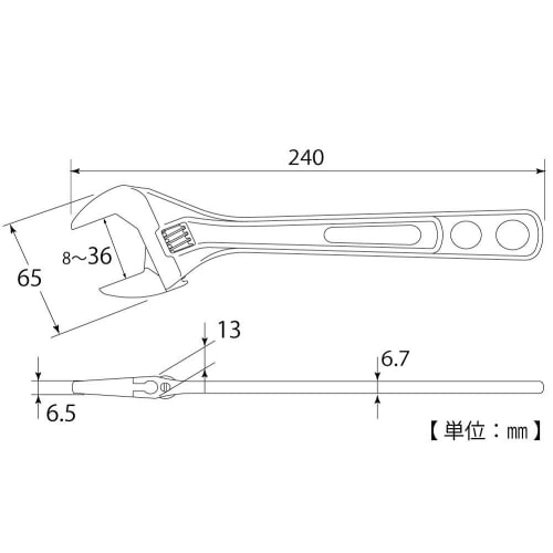 Top Industrial (TOP) Eco-Wide Thin and Lightweight Wide Adjustable Wrench, 8-36mm Opening, HY-36, for Plumbing and Faucet Work, Made In Tsubame-Sanjo,