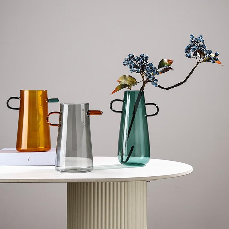 Glass Flower Vase Handle Pitcher Colored Transparent Flower Pot Flower Arrangement Hydroponics Terrarium Vases Pots Flowerpot